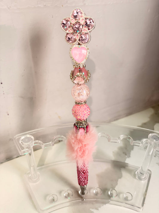 Pink Petal Heart Fur Embellished Statement Pen