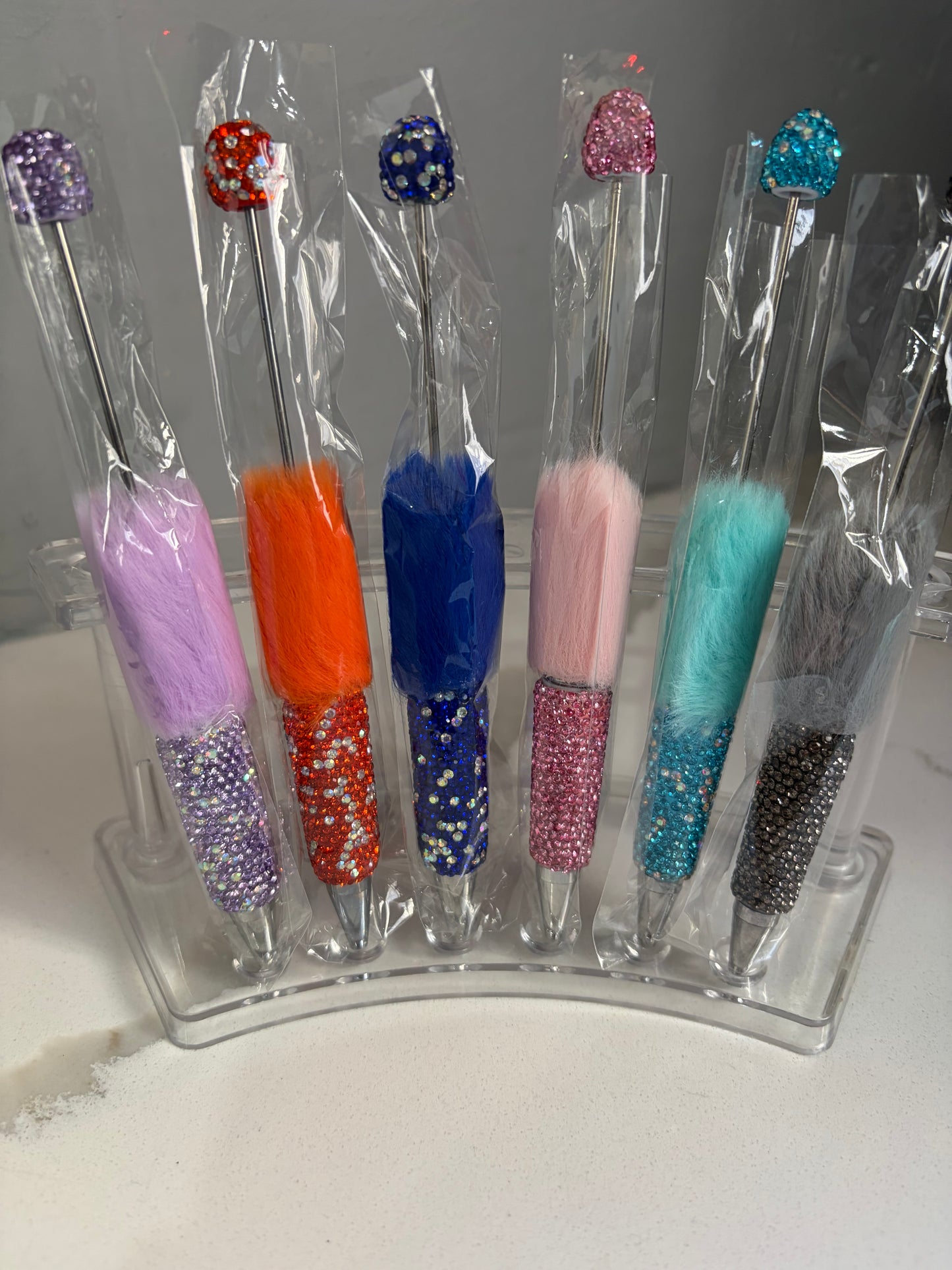Pom Pom Fur & Rhinestone Beadable Pens 6pc