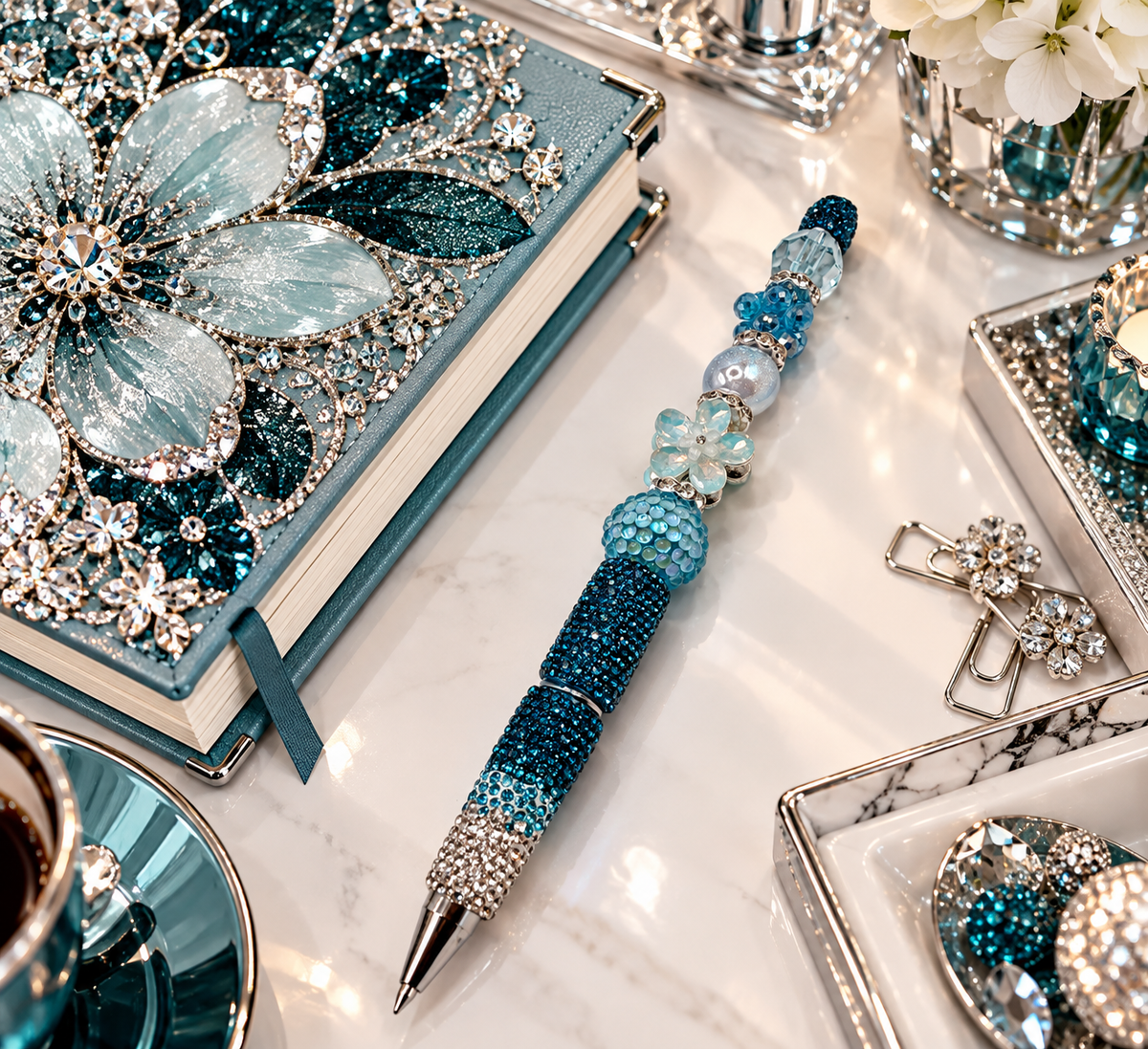 Solara Fleur Aquamarine Pearl Cascade Statement Pen