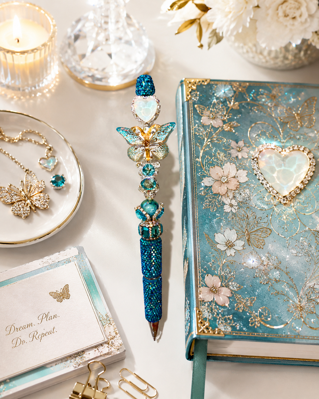 Becoming Azure Butterfly Heart Jewel Pen