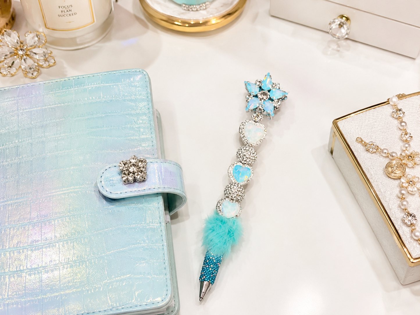 Aqua Allure Fur-Embellished Statement Pen
