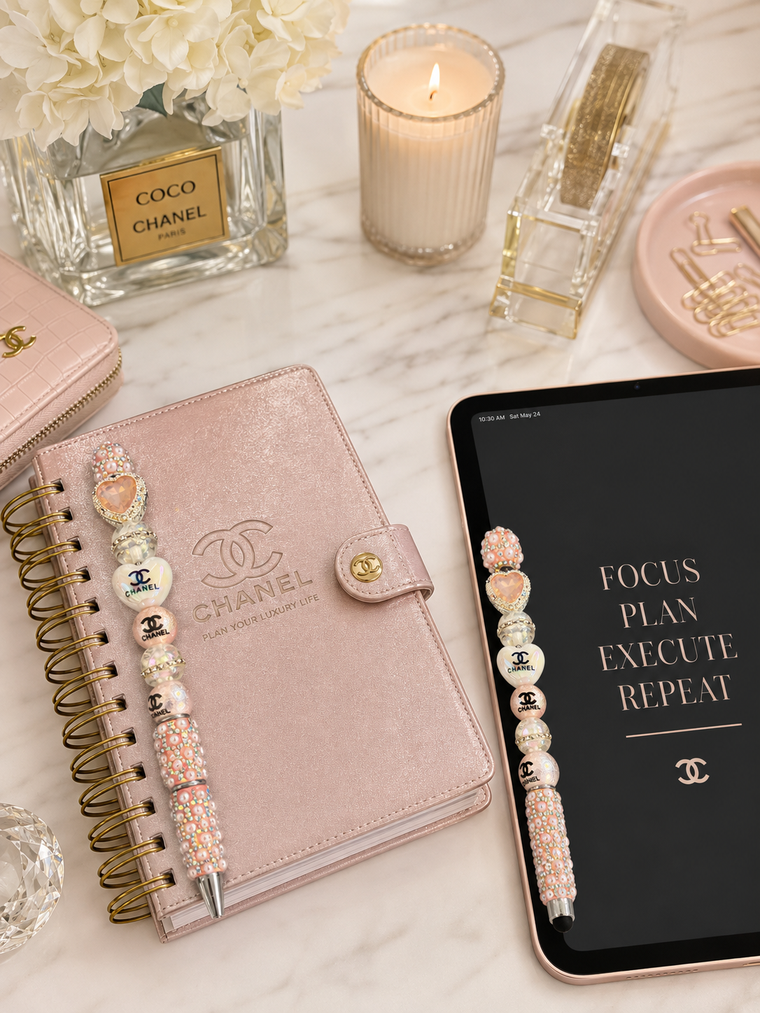 Champagne Pearl Heart Designer Stylus & Pen Set