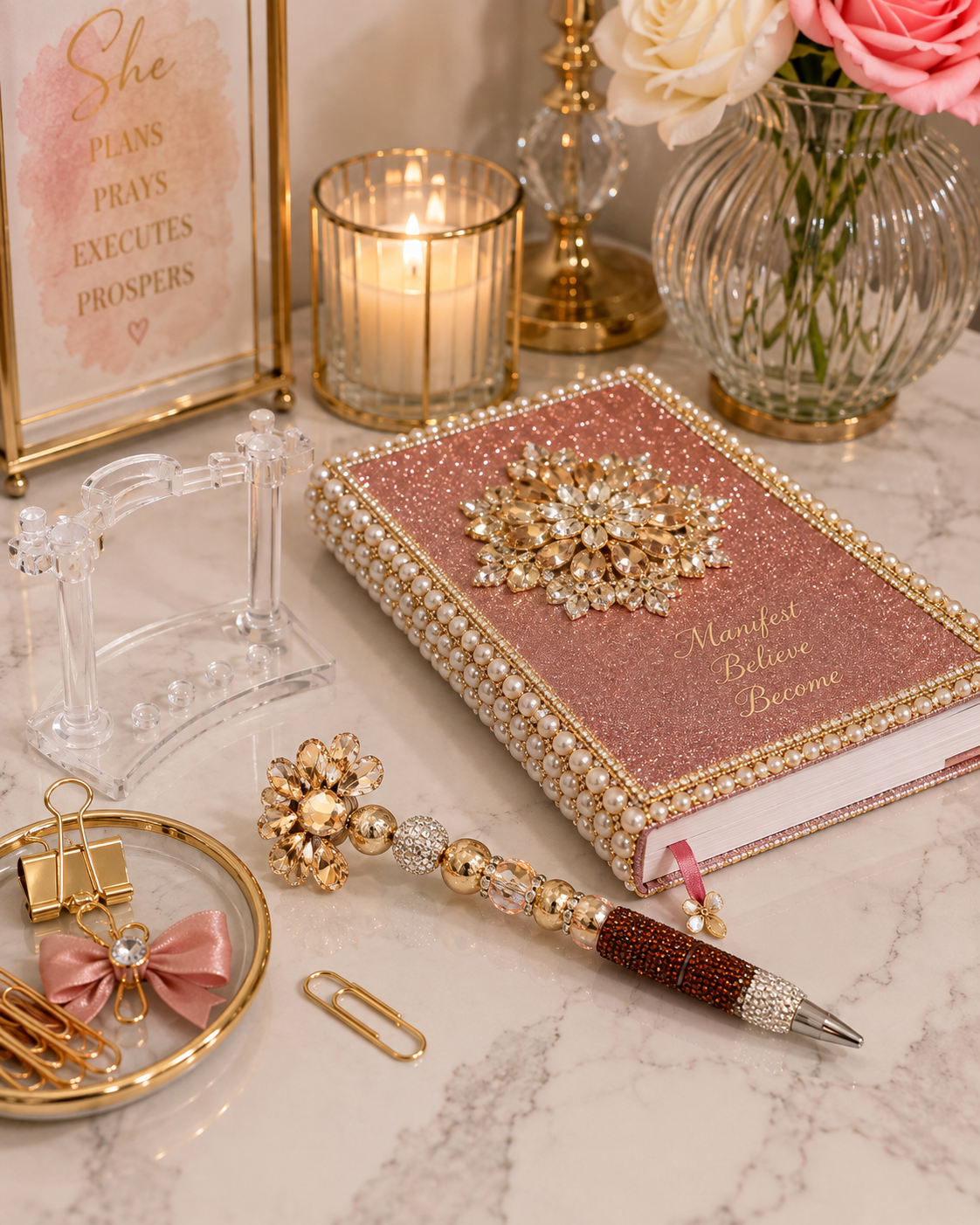 Golden Champagne Blossom Statement Pen