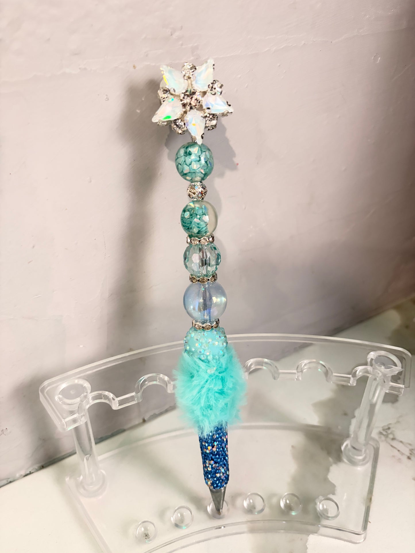 Aqua Celestial Fur-Embellished Statement Pen