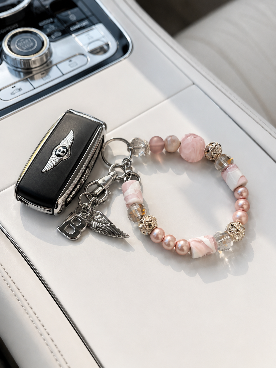 The Soft Power Wristlet | Blush Beaded Keychain with Rose Quartz & Pearl