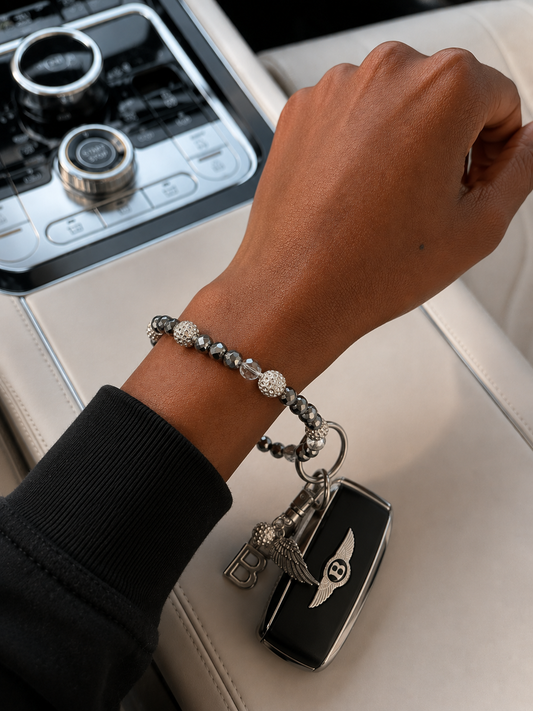 The Power Move Wristlet | Gunmetal Beaded Keychain with Silver Sparkle
