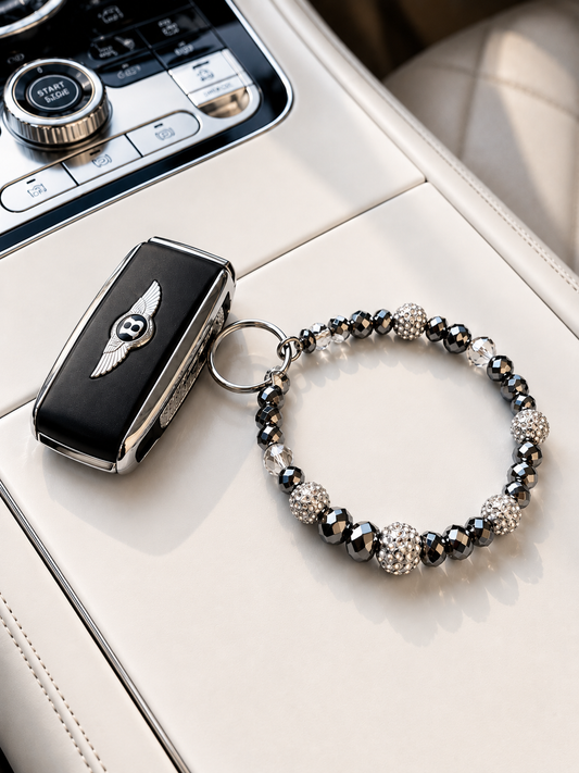 The Power Move Wristlet | Gunmetal Beaded Keychain with Silver Sparkle