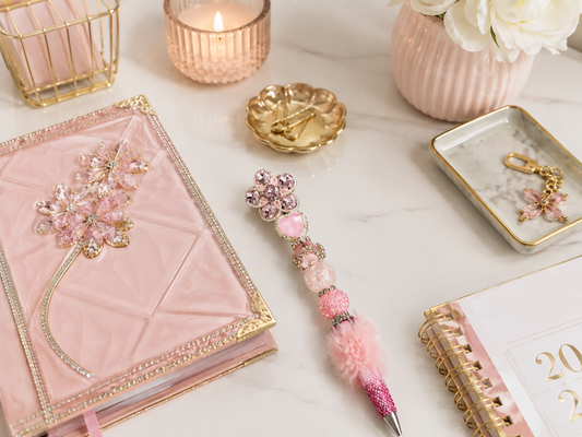 Pink Petal Heart Fur Embellished Statement Pen