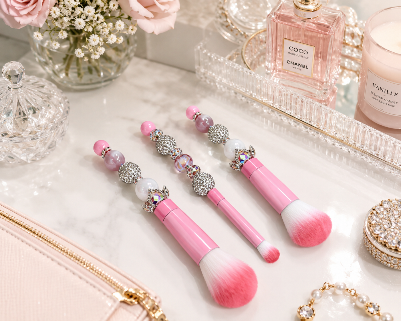 3pc Bling Makeup Pink Brushes