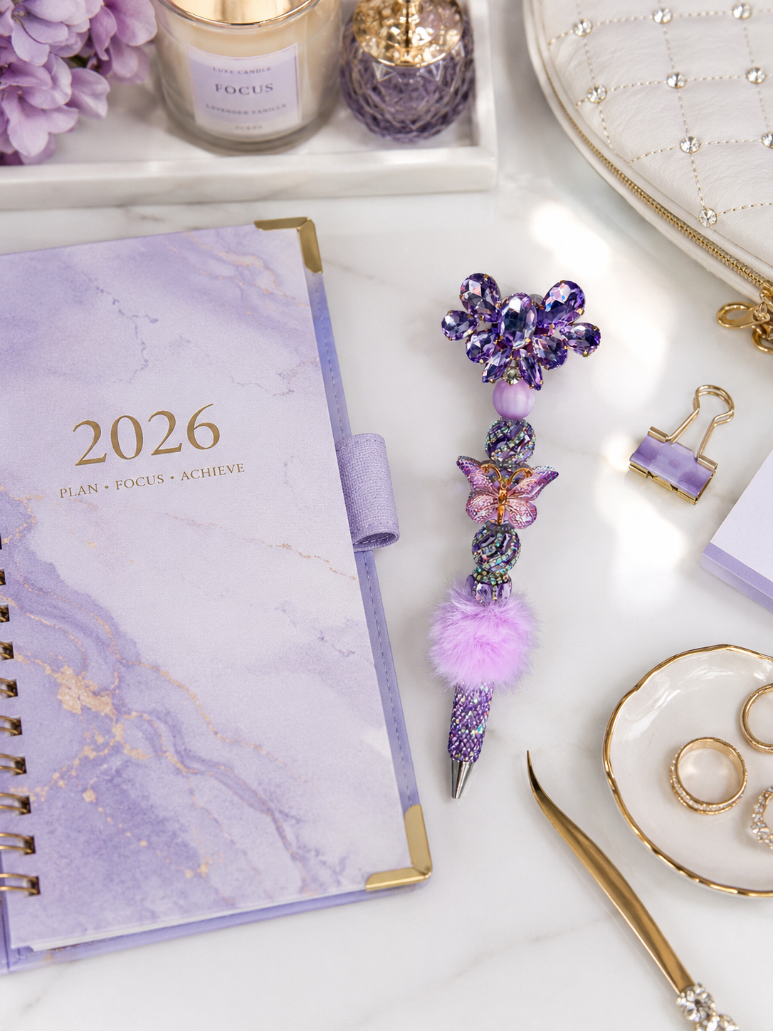 Lavender Butterfly Flutter Luxe Pen – Becoming Collection | Fur-Embellished Collection
